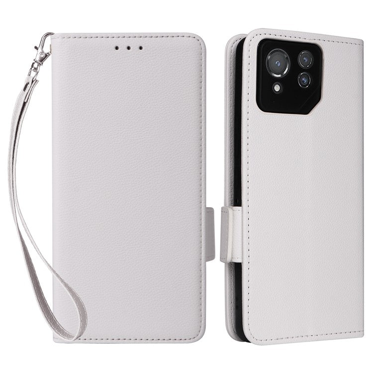 For Asus ROG Phone 8 Pro 5G / 8 5G Magnetic Case Leather Litchi Texture Cover with Wrist Strap - White