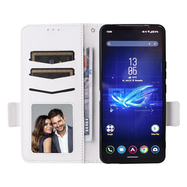 For Asus ROG Phone 8 Pro 5G / 8 5G Magnetic Case Leather Litchi Texture Cover with Wrist Strap - White