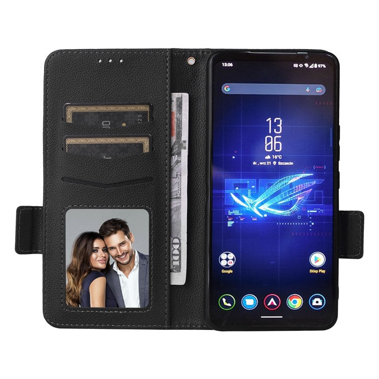 For Asus ROG Phone 8 Pro 5G / 8 5G Magnetic Case Leather Litchi Texture Cover with Wrist Strap - Black