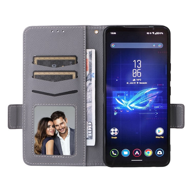 For Asus ROG Phone 8 Pro 5G / 8 5G Magnetic Case Leather Litchi Texture Cover with Wrist Strap - Grey