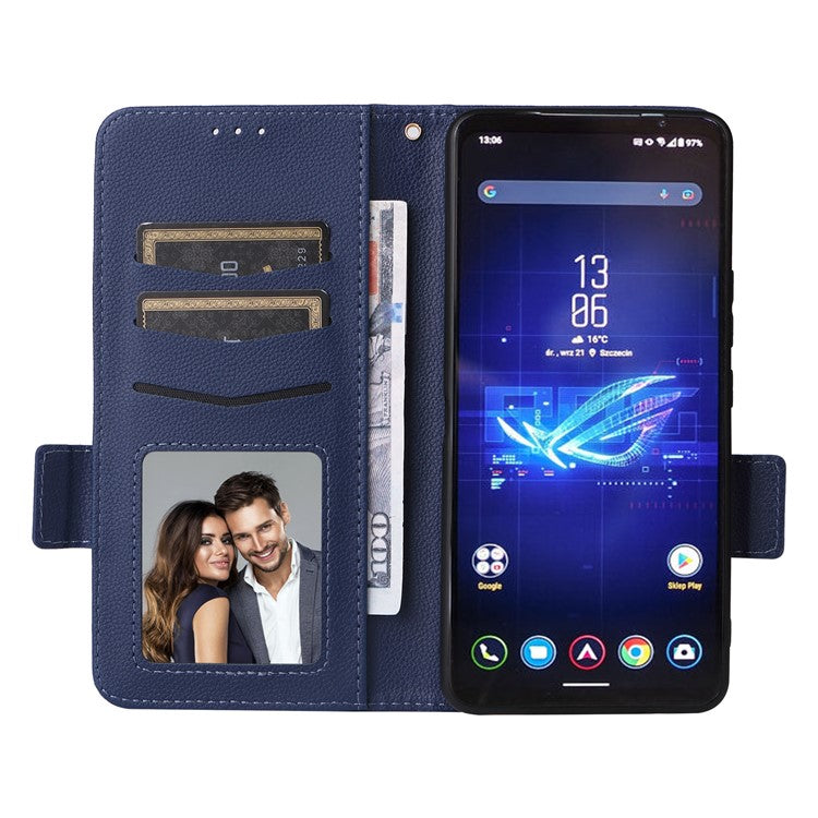 For Asus ROG Phone 8 Pro 5G / 8 5G Magnetic Case Leather Litchi Texture Cover with Wrist Strap - Dark Blue