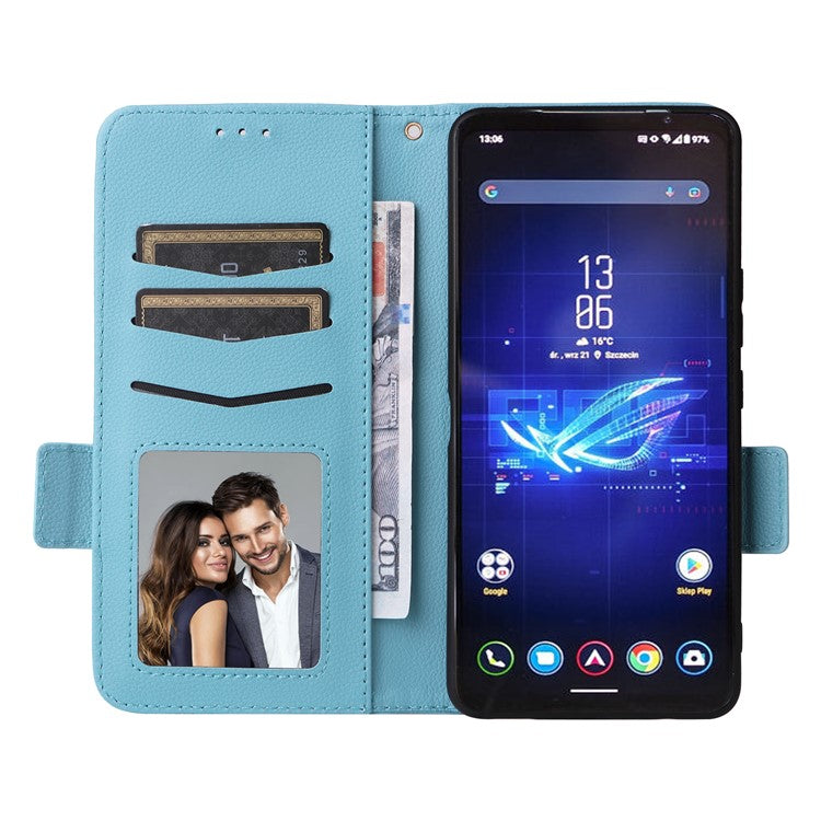 For Asus ROG Phone 8 Pro 5G / 8 5G Magnetic Case Leather Litchi Texture Cover with Wrist Strap - Baby Blue