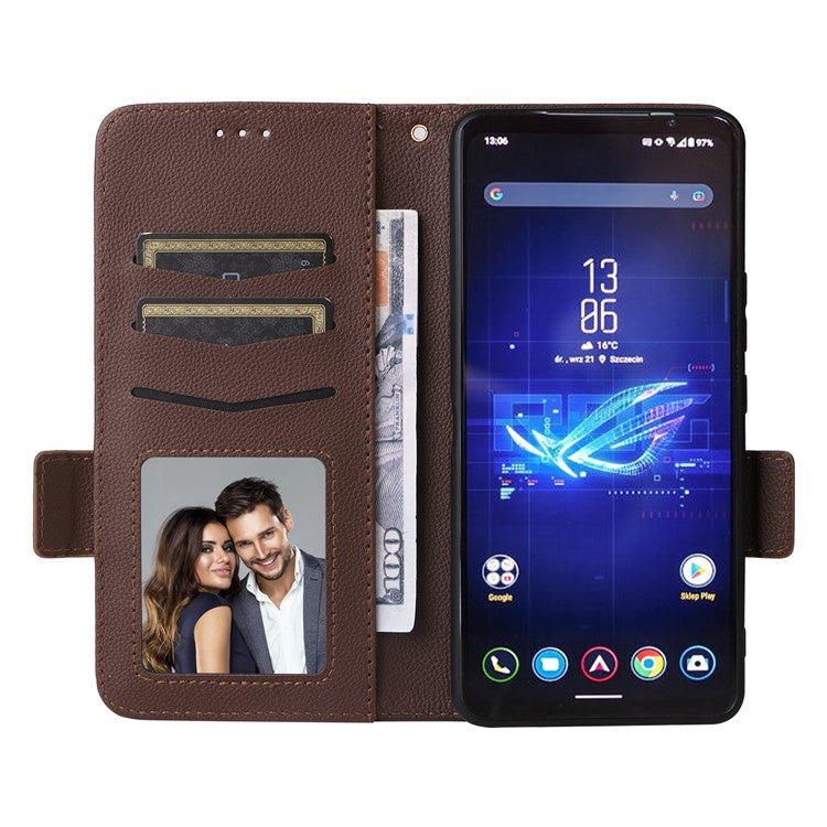 For Asus ROG Phone 8 Pro 5G / 8 5G Magnetic Case Leather Litchi Texture Cover with Wrist Strap - Brown
