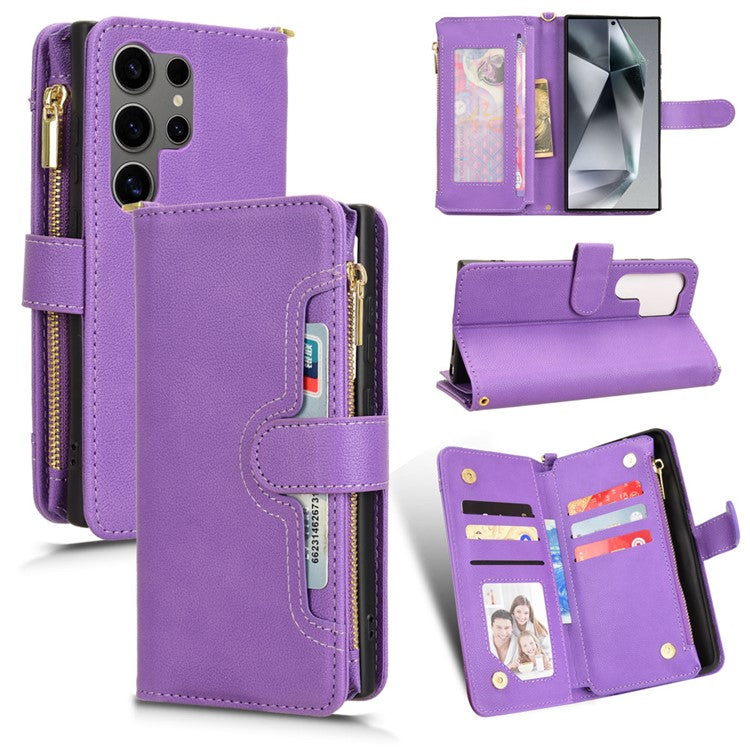 For Samsung Galaxy S24 Ultra Zipper Leather Case Wallet Phone Cover with 2 Straps - Purple