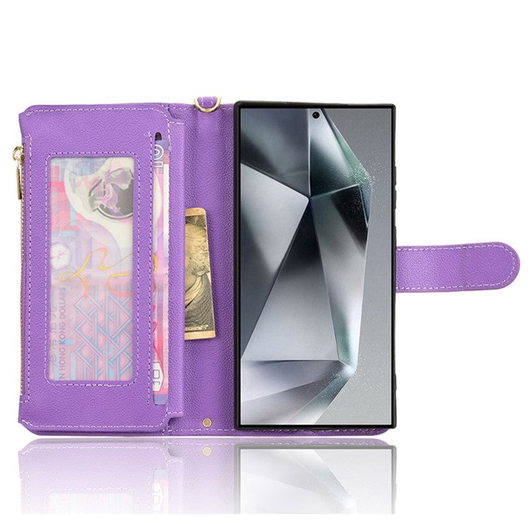 For Samsung Galaxy S24 Ultra Zipper Leather Case Wallet Phone Cover with 2 Straps - Purple