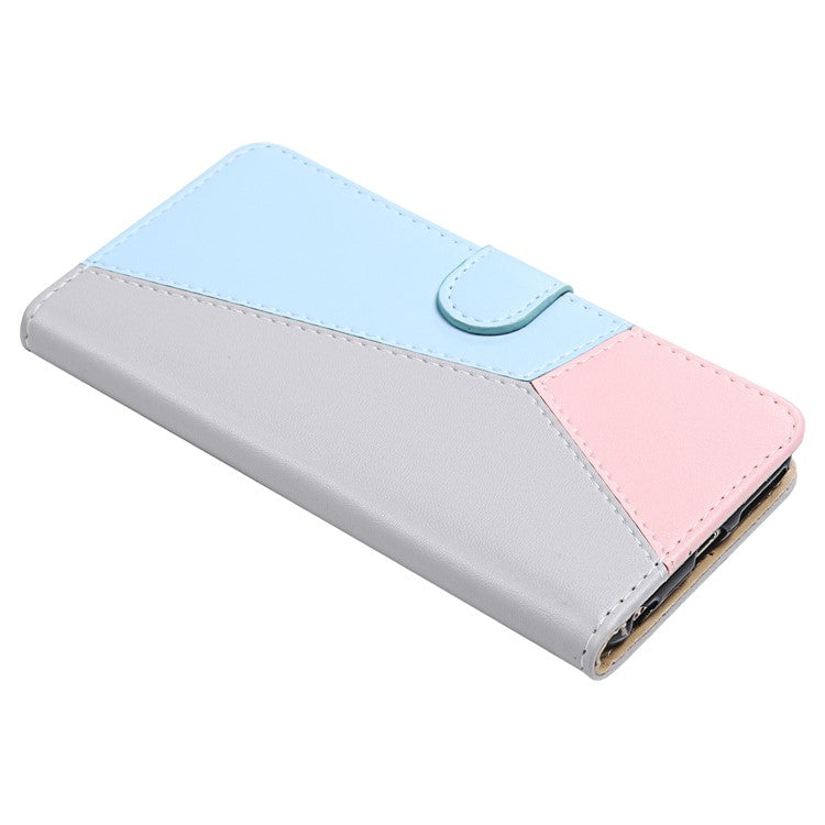 For Samsung Galaxy S24 Magnetic Case Three-color Splicing Leather Cell Phone Cover - Grey+Blue+Pink