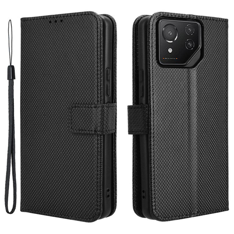 For Asus ROG Phone 8 Pro 5G / 8 5G Magnetic Phone Case Diamond Texture Card Slots Cover - Black