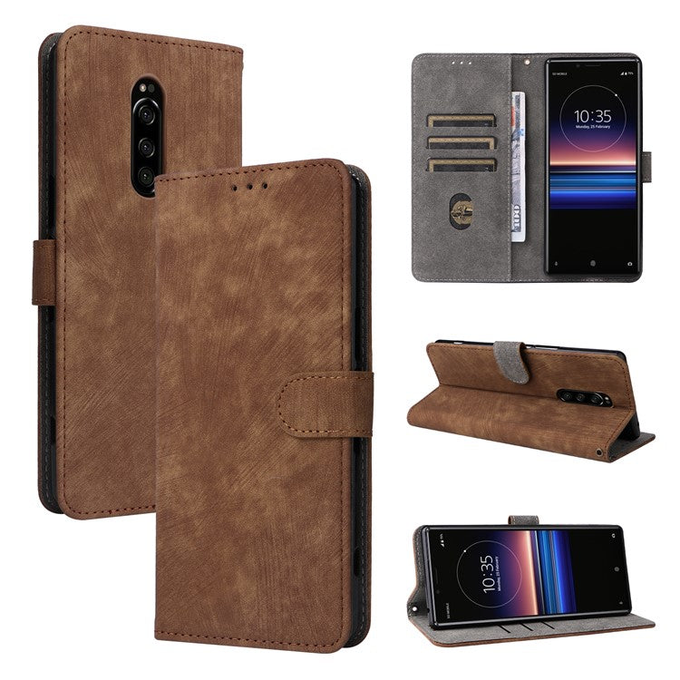 For Sony Xperia 1 RFID Blocking Leather Case with Strap Phone Wallet Cover - Brown