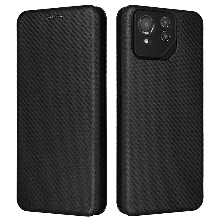 For Asus ROG Phone 8 5G / Phone 8 Pro 5G Phone Case Carbon Fiber Texture Stand Card Holder - Black