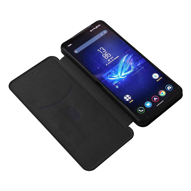 For Asus ROG Phone 8 5G / Phone 8 Pro 5G Phone Case Carbon Fiber Texture Stand Card Holder - Black