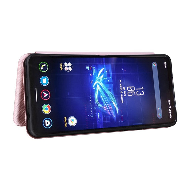 For Asus ROG Phone 8 5G / Phone 8 Pro 5G Phone Case Carbon Fiber Texture Stand Card Holder - Rose Gold