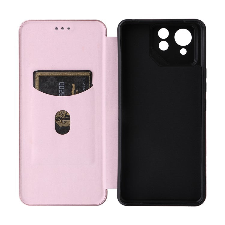 For Asus ROG Phone 8 5G / Phone 8 Pro 5G Phone Case Carbon Fiber Texture Stand Card Holder - Rose Gold