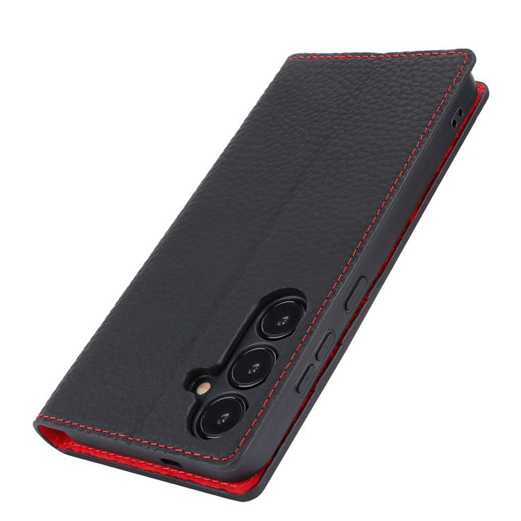 For Samsung Galaxy S24+ Wallet Case Genuine Cow Leather Phone Cover with Strap - Black