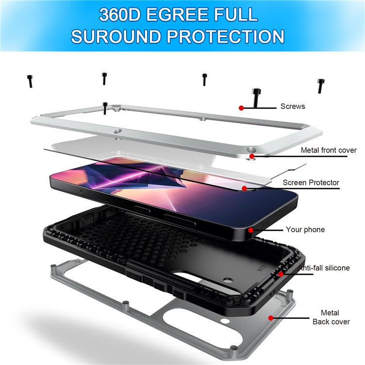 For Samsung Galaxy S24+ Case Silicone+Metal Anti-drop Phone Cover with Tempered Glass Film - Silver