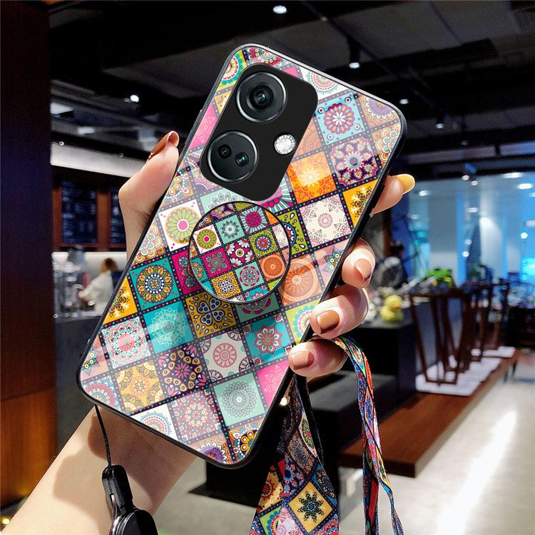 For OnePlus Nord CE3 5G Tempered Glass Phone Case with Kickstand and Strap - Checkered Pattern