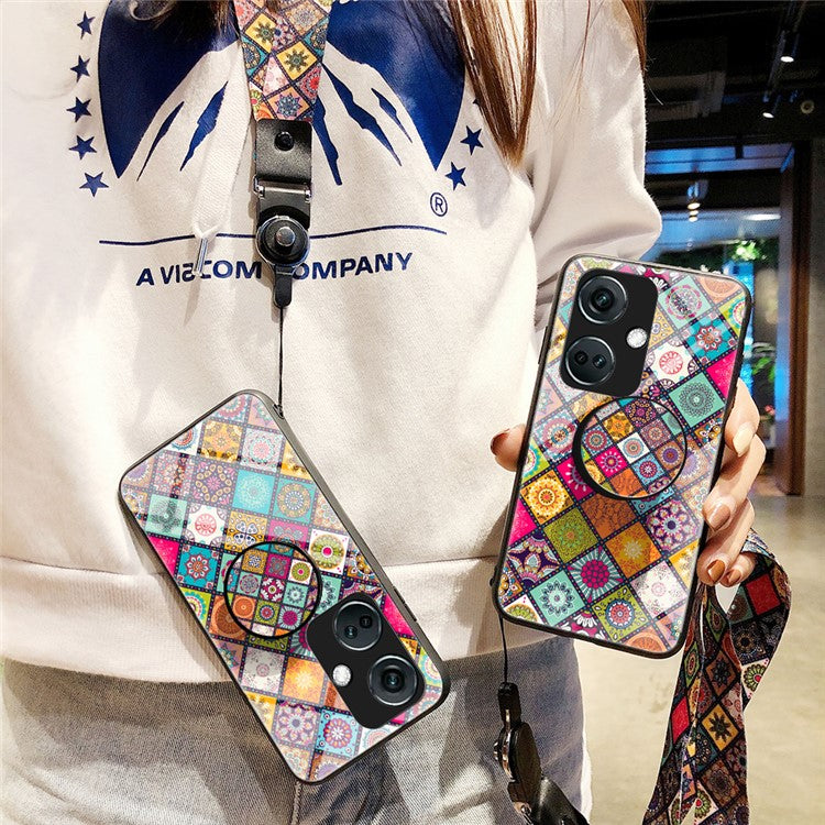 For OnePlus Nord CE3 5G Tempered Glass Phone Case with Kickstand and Strap - Checkered Pattern