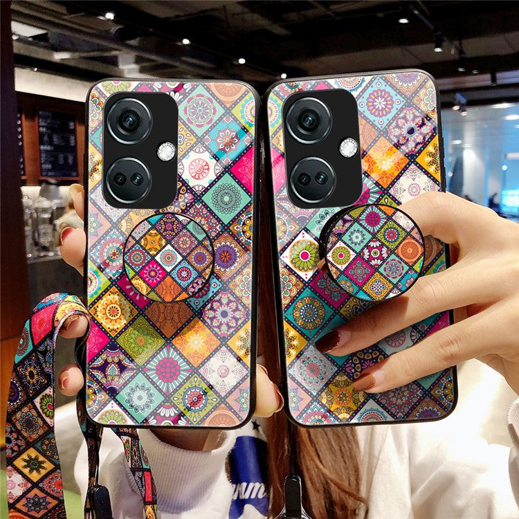 For OnePlus Nord CE3 5G Tempered Glass Phone Case with Kickstand and Strap - Checkered Pattern