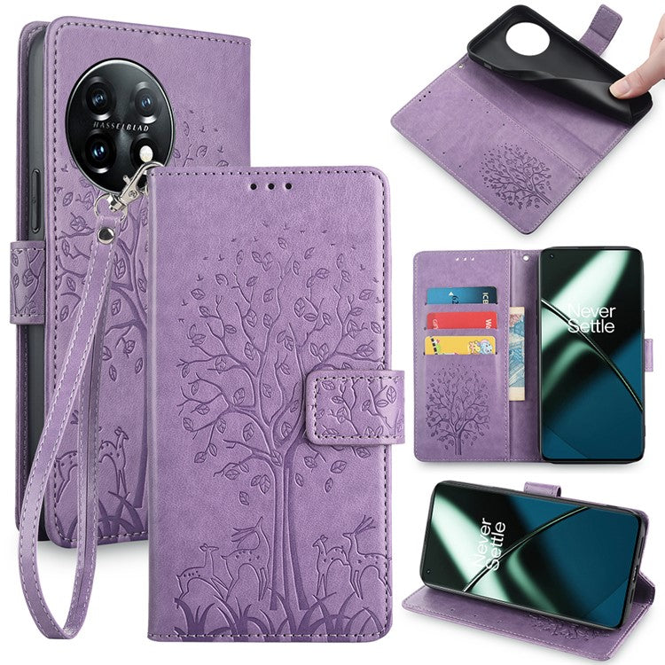 For OnePlus 11 5G Case Imprinted Deer Tree Pattern Card Holder Smart Phone Cover - Purple
