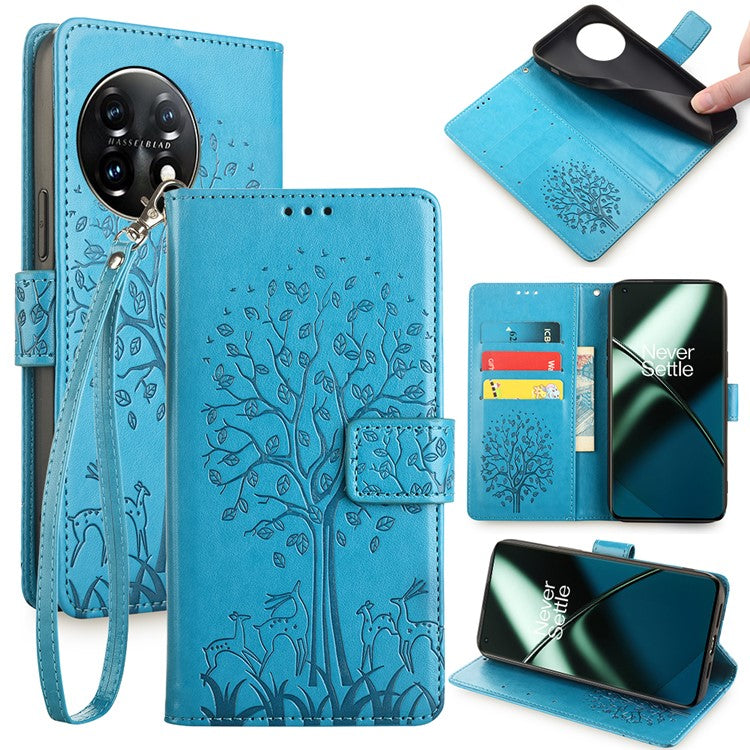 For OnePlus 11 5G Case Imprinted Deer Tree Pattern Card Holder Smart Phone Cover - Blue