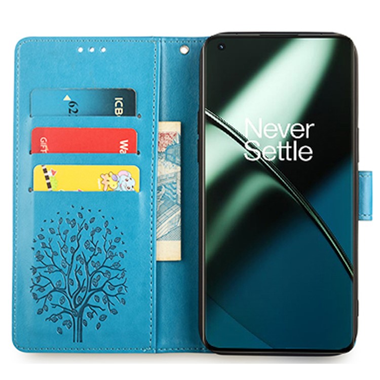 For OnePlus 11 5G Case Imprinted Deer Tree Pattern Card Holder Smart Phone Cover - Blue