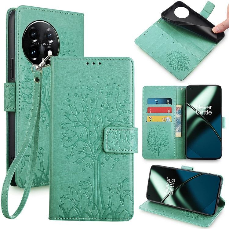 For OnePlus 11 5G Case Imprinted Deer Tree Pattern Card Holder Smart Phone Cover - Green