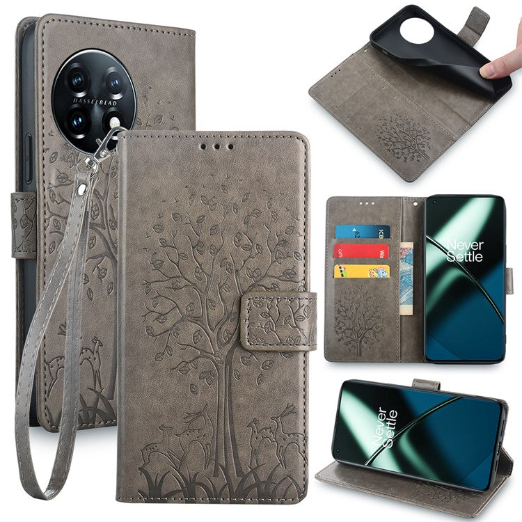 For OnePlus 11 5G Case Imprinted Deer Tree Pattern Card Holder Smart Phone Cover - Grey