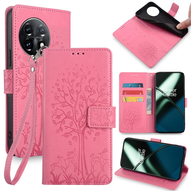 For OnePlus 11 5G Case Imprinted Deer Tree Pattern Card Holder Smart Phone Cover - Pink