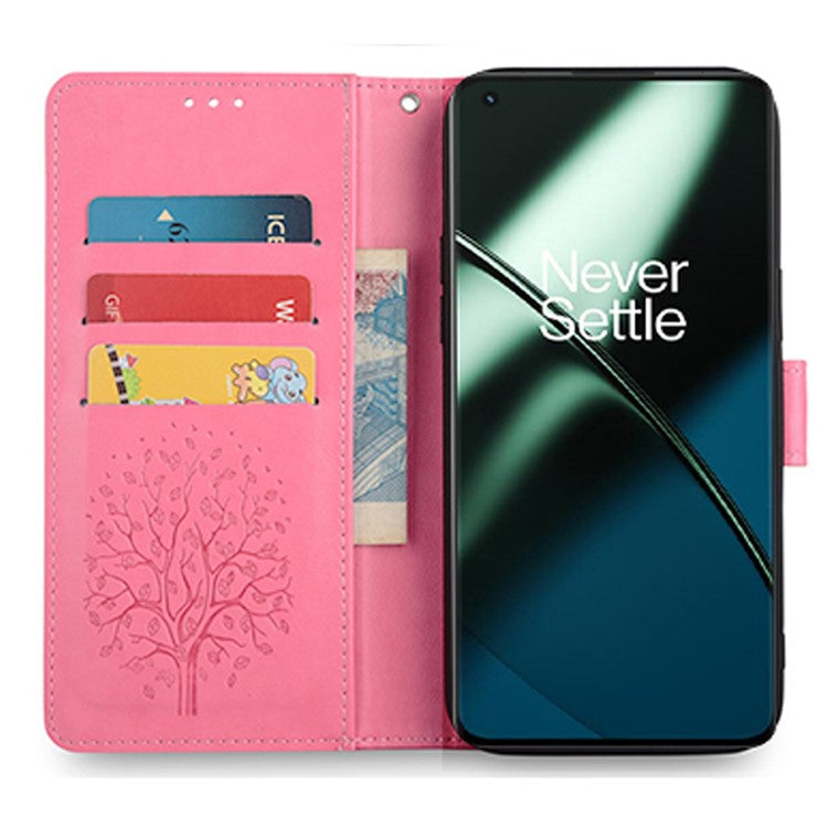 For OnePlus 11 5G Case Imprinted Deer Tree Pattern Card Holder Smart Phone Cover - Pink