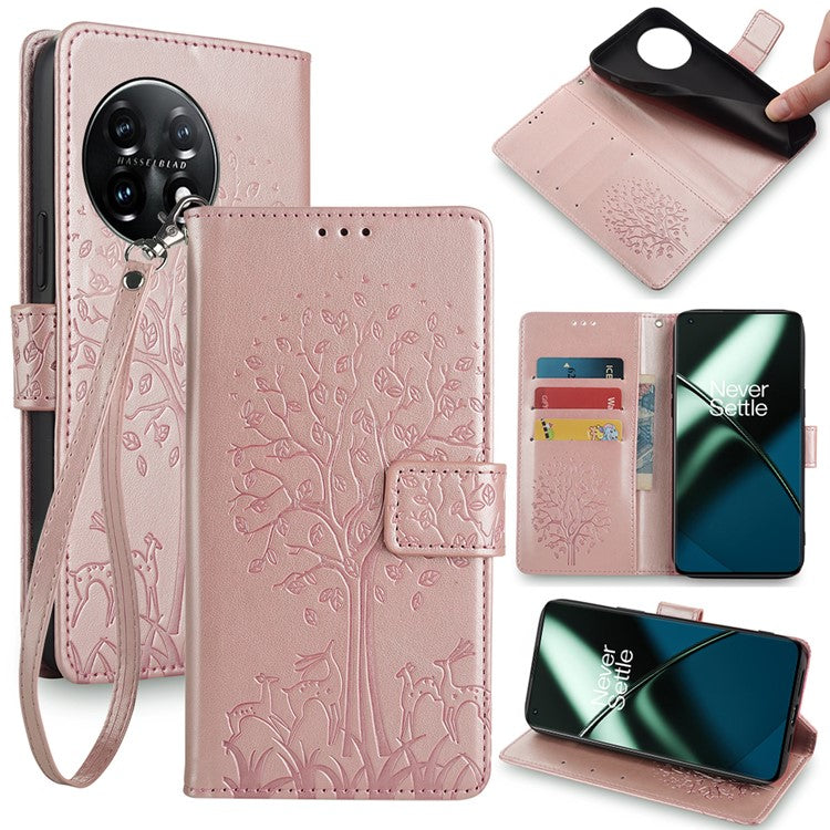 For OnePlus 11 5G Case Imprinted Deer Tree Pattern Card Holder Smart Phone Cover - Rose Gold