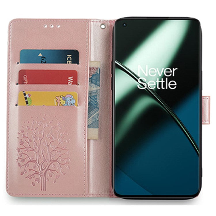 For OnePlus 11 5G Case Imprinted Deer Tree Pattern Card Holder Smart Phone Cover - Rose Gold