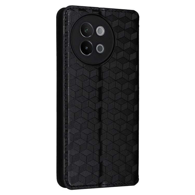 For vivo S18e 5G Leather Case Magnetic Closure Phone Cover Rhombus Pattern - Black