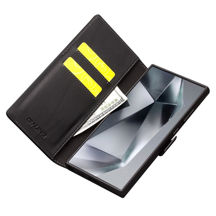 QIALINO For Samsung Galaxy S24 Ultra Case Genuine Cow Leather Flip Stand Phone Protector - Black