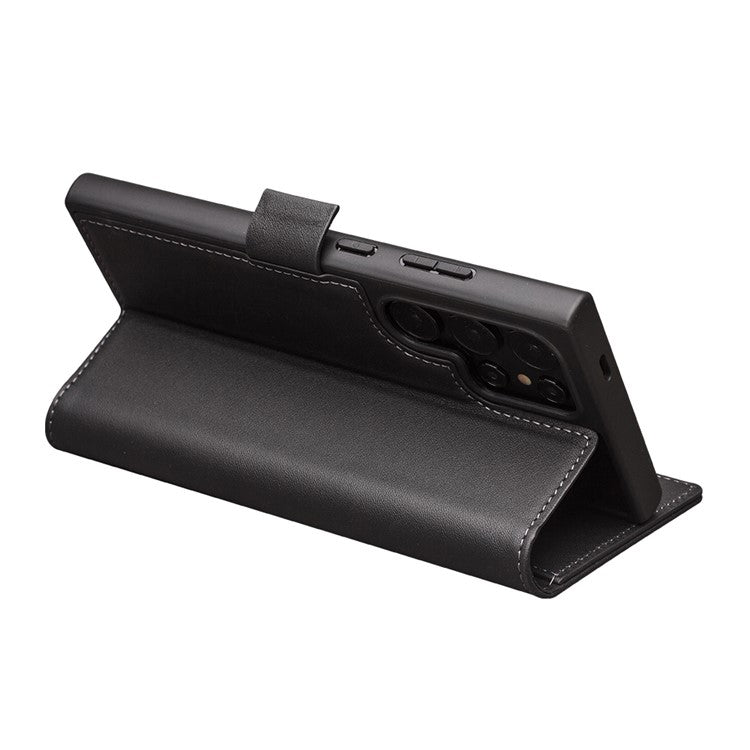 QIALINO For Samsung Galaxy S24 Ultra Case Genuine Cow Leather Flip Stand Phone Protector - Black