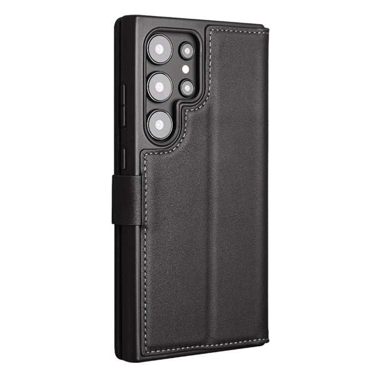 QIALINO For Samsung Galaxy S24 Ultra Case Genuine Cow Leather Flip Stand Phone Protector - Black