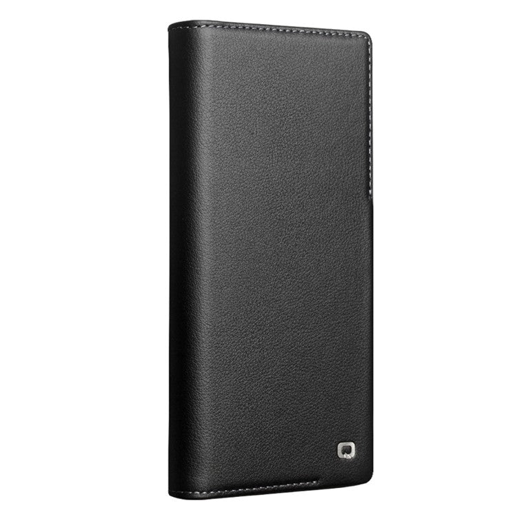QIALINO For Samsung Galaxy S24 Ultra Case Genuine Cow Leather Flip Stand Phone Protector - Black