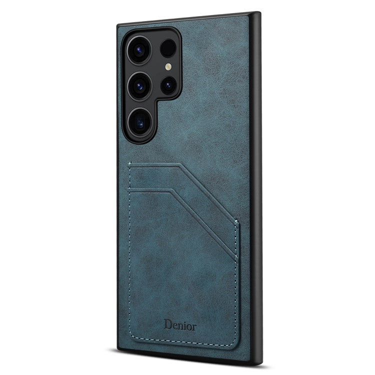 DENIOR For Samsung Galaxy S23 Ultra Case PU Leather Coated PC+TPU Dual Card Holders Phone Cover - Blue