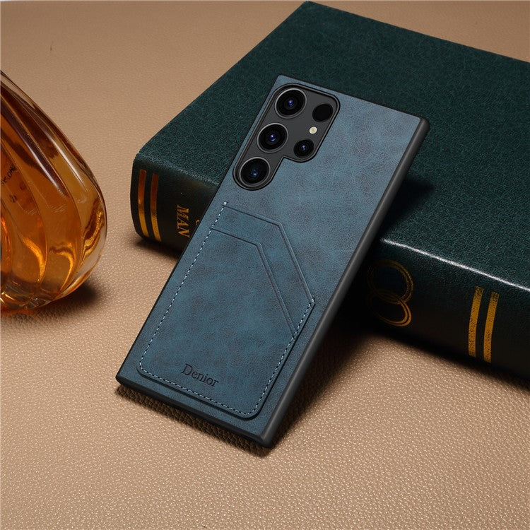 DENIOR For Samsung Galaxy S23 Ultra Case PU Leather Coated PC+TPU Dual Card Holders Phone Cover - Blue