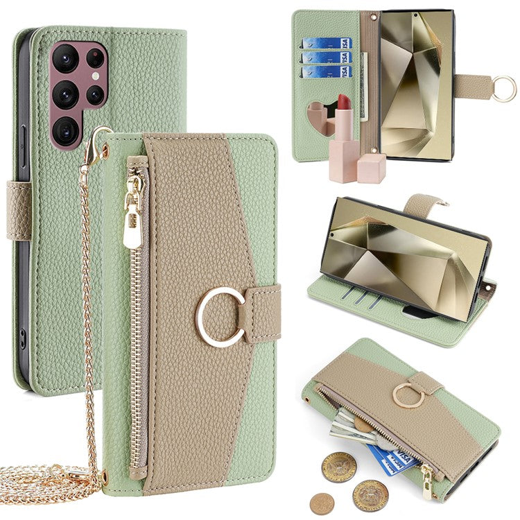 Zipper Wallet Case for Samsung Galaxy S24 Ultra Shell PU Leather Crossbody Phone Cover - Green