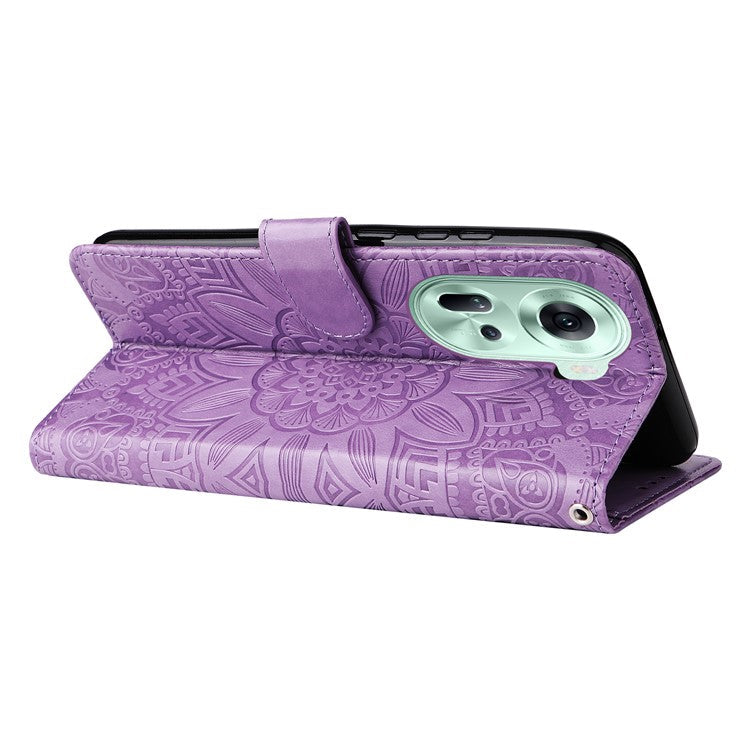 Wallet Case for Oppo Reno11 5G (Global) Phone Shell Imprinted Sunflower Pattern Anti-fall Cover - Purple