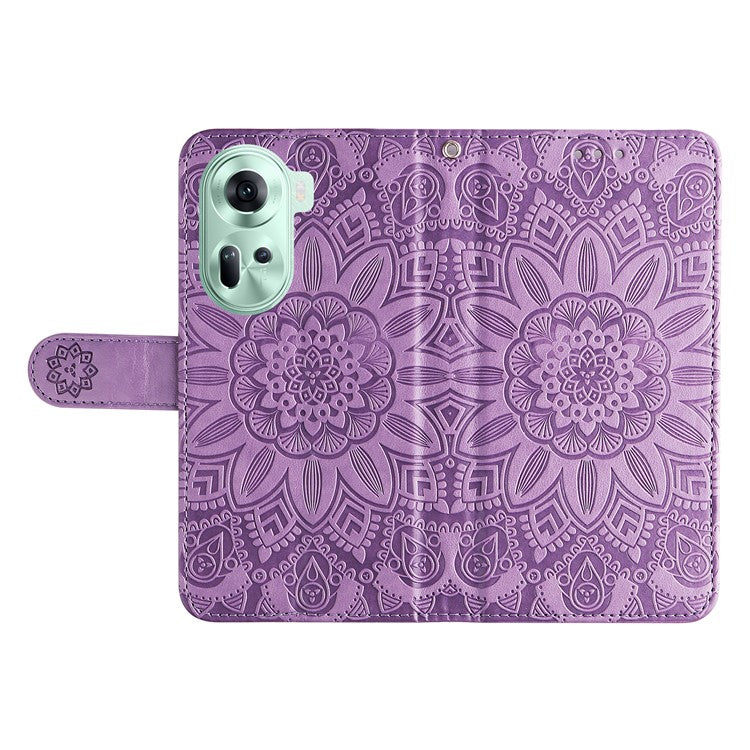 Wallet Case for Oppo Reno11 5G (Global) Phone Shell Imprinted Sunflower Pattern Anti-fall Cover - Purple