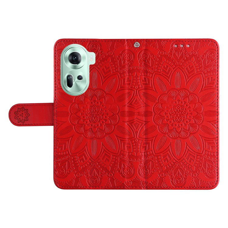 Wallet Case for Oppo Reno11 5G (Global) Phone Shell Imprinted Sunflower Pattern Anti-fall Cover - Red