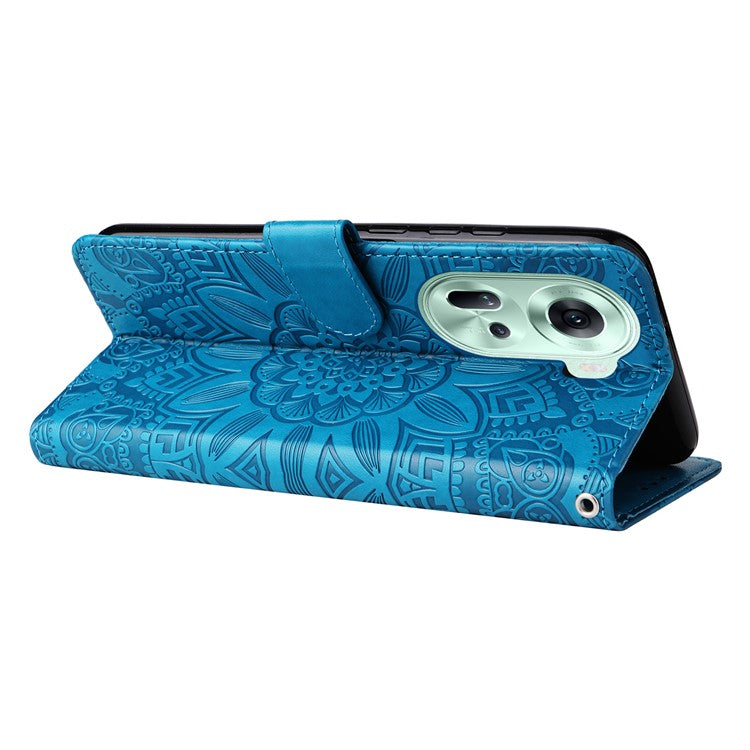 Wallet Case for Oppo Reno11 5G (Global) Phone Shell Imprinted Sunflower Pattern Anti-fall Cover - Blue