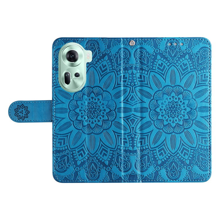 Wallet Case for Oppo Reno11 5G (Global) Phone Shell Imprinted Sunflower Pattern Anti-fall Cover - Blue