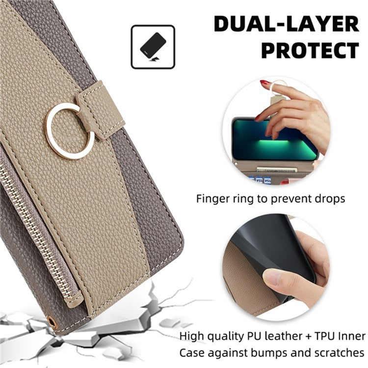 For Samsung Galaxy M14 5G Crossbody Phone Case PU Leather Zipper Stand Flip Cover - Grey