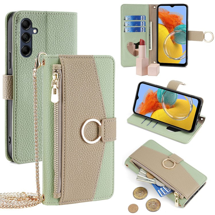 For Samsung Galaxy M14 5G Crossbody Phone Case PU Leather Zipper Stand Flip Cover - Green