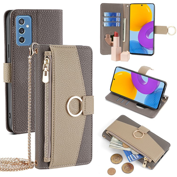 For Samsung Galaxy M52 5G Wallet Case Makeup Mirror Inside Crossbody PU Leather Phone Cover - Grey