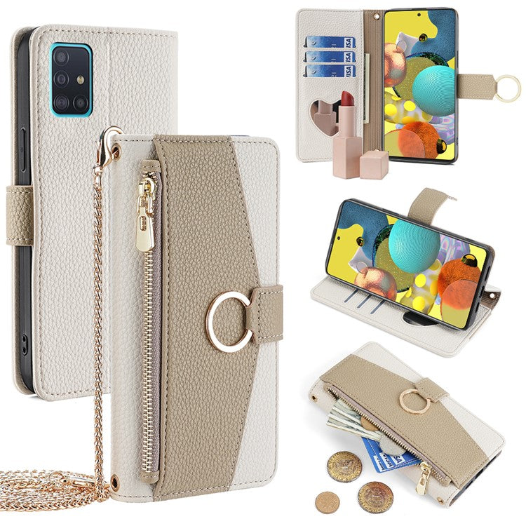 For Samsung Galaxy A51 5G SM-A516 Wallet Case Zipper PU Leather Crossbody Phone Cover - White