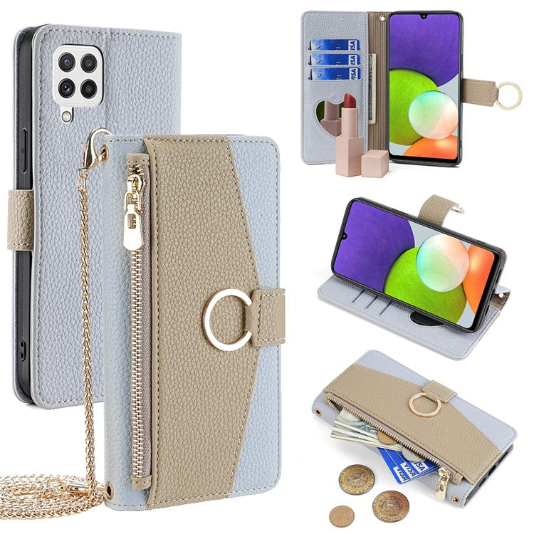 For Samsung Galaxy A22 4G (EU Version) Case Zipper Wallet Stand PU Leather Phone Cover - Blue