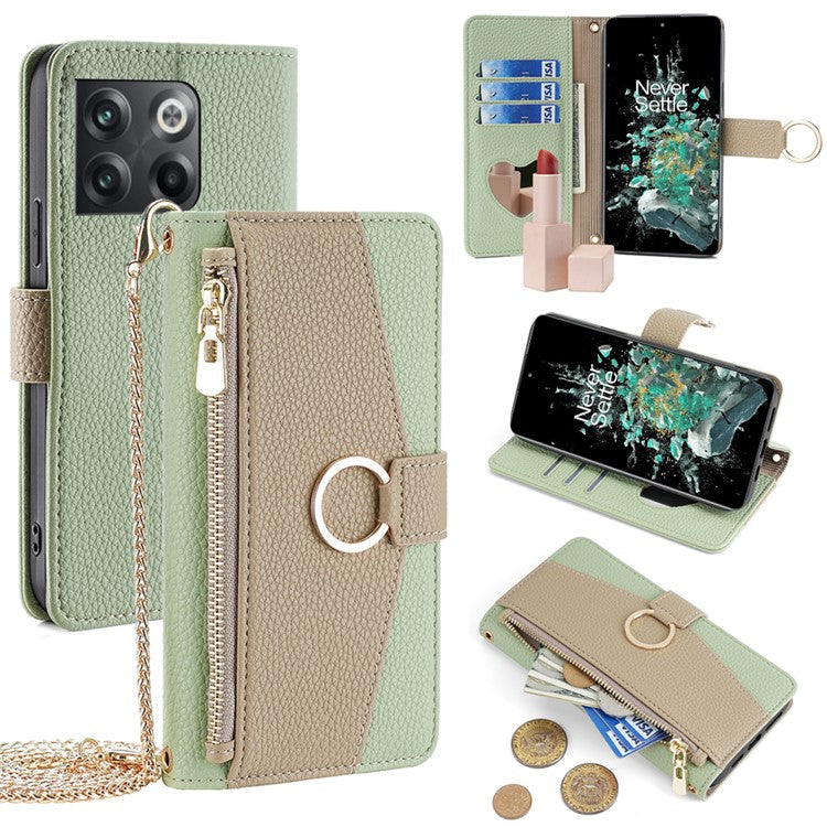 For OnePlus 10T 5G Case Zipper Wallet Mirror Leather Phone Bag Cover with Chain Strap - Green