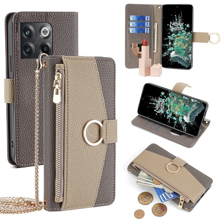 For OnePlus 10T 5G Case Zipper Wallet Mirror Leather Phone Bag Cover with Chain Strap - Grey